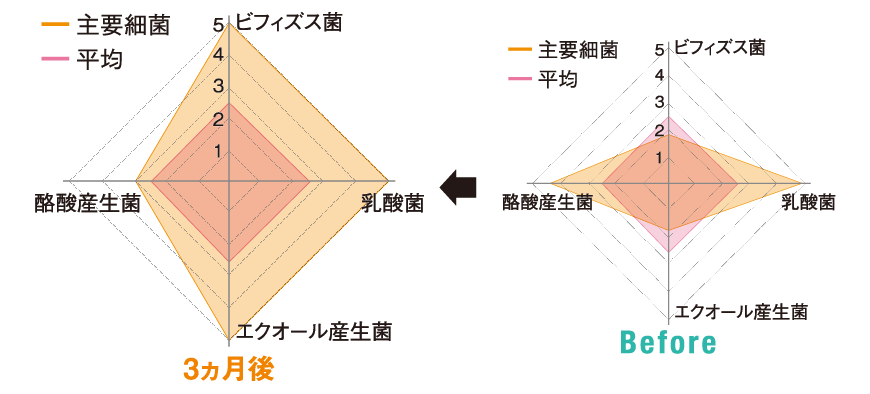 食事の内容を見直す前と後の腸内細菌のバランスを比較するグラフ