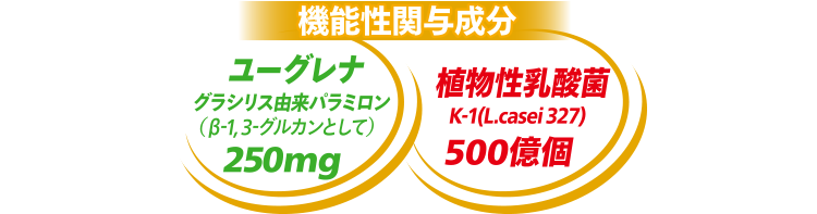 機能性関与成分 ユーグレナ グラシリス由来 パラミロン（β-1,3-グルカンとして）250mg 植物性乳酸菌K-1(L.casei 327)500億個