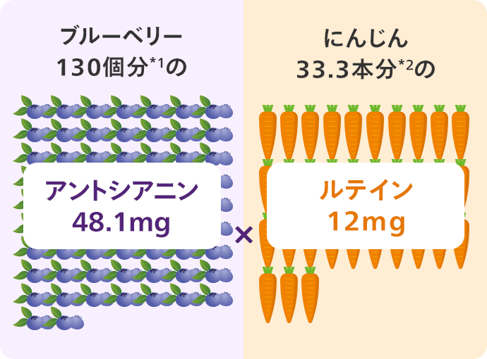 アントシアニン48.1mg(ブルーベリー130個分) ルテイン12mg(にんじん33.3本分)